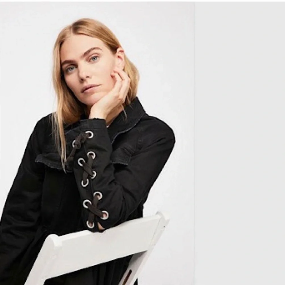 Free People Black Raw-Edge Denim Jacket with Side Tie Details NWT - Picture 4 of 16